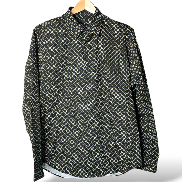 THEORY 100% Cotton Men’s Button Down Dress Shirt Black w/ Gold Print US Sz M - Picture 1 of 10
